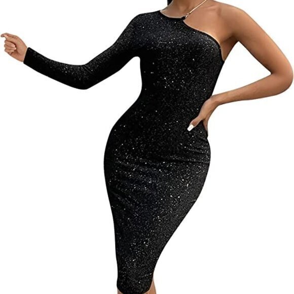 PARTY Glittering Black‎ Bodycon One Shoulder Slim Fit Midi Dress Size L RefI003 - Picture 15 of 15
